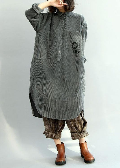 French Side Open Corduroy Clothes Outfits Gray Dress Fall