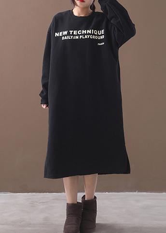 French Side Open Cotton Alphabet Prints Clothes Catwalk Black Winter Cotton Dresses