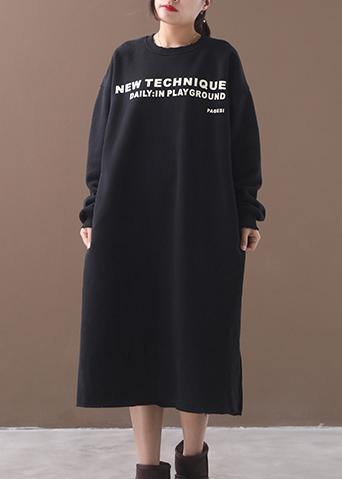 French Side Open Cotton Alphabet Prints Clothes Catwalk Black Winter Cotton Dresses