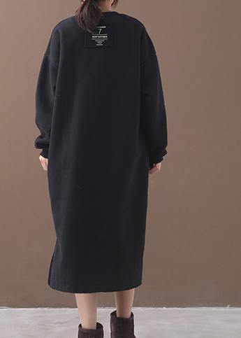 French Side Open Cotton Alphabet Prints Clothes Catwalk Black Winter Cotton Dresses