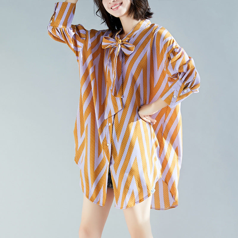French Side Open Cotton Top Silhouette Organic Photography Yellow Striped Knee Blouse Long Sleeve