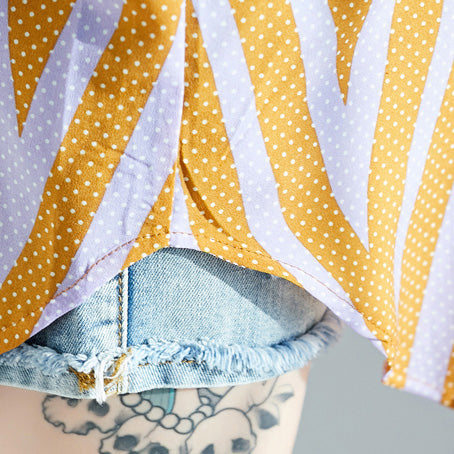 French Side Open Cotton Top Silhouette Organic Photography Yellow Striped Knee Blouse Long Sleeve