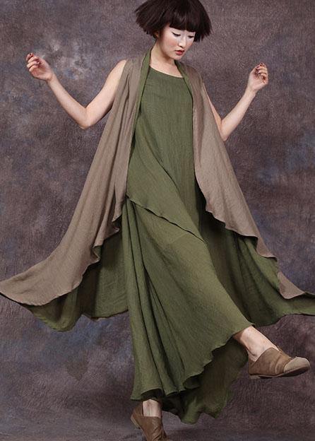 French Sleeveless Linen Long Shirts Runway Green Outwear Summer