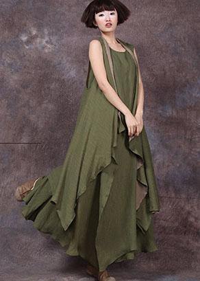 French Sleeveless Linen Long Shirts Runway Green Outwear Summer
