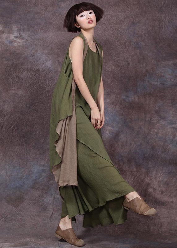 French Sleeveless Linen Long Shirts Runway Green Outwear Summer