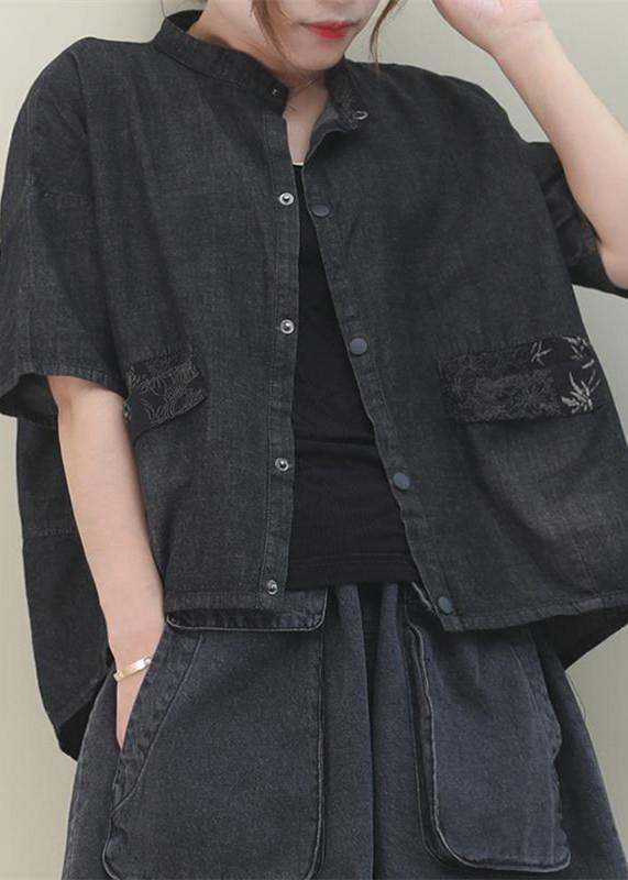 French Stand Colla Pockets Cotton Shirts Work Denim Black Shirt