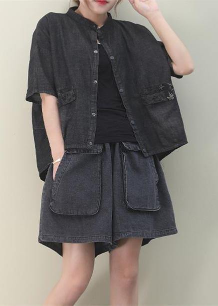 French Stand Colla Pockets Cotton Shirts Work Denim Black Shirt