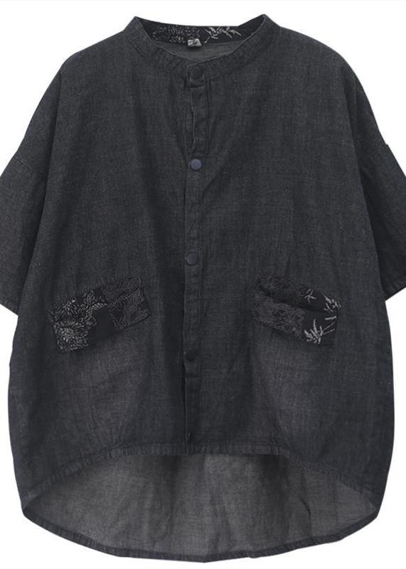 French Stand Colla Pockets Cotton Shirts Work Denim Black Shirt
