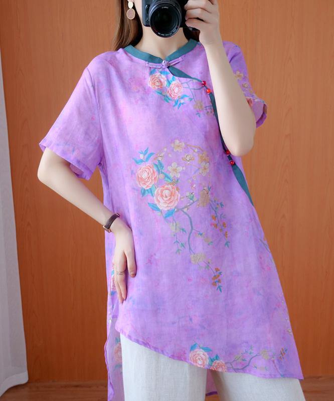 French Stand Collar Asymmetric Tops Work Outfits Purple Print Tops