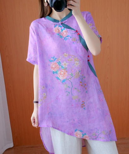 French Stand Collar Asymmetric Tops Work Outfits Purple Print Tops