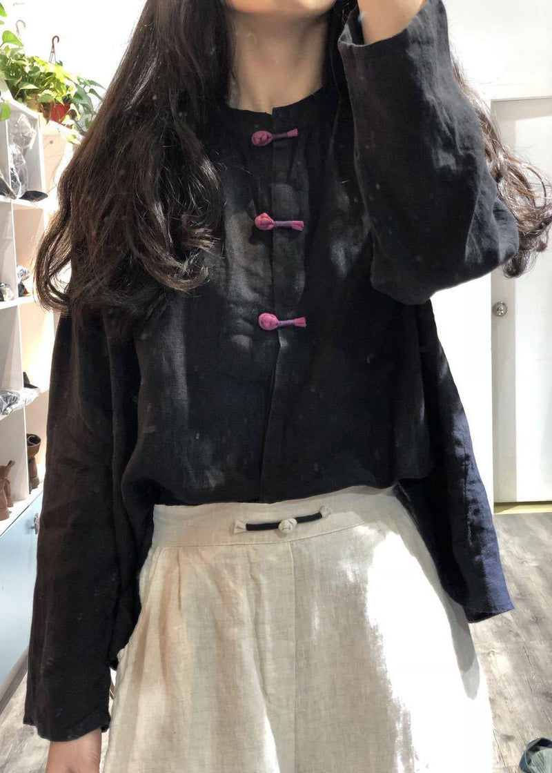 French Stand Collar Linen Tunic Pattern Sewing Black Batwing Sleeve Blouses Fall