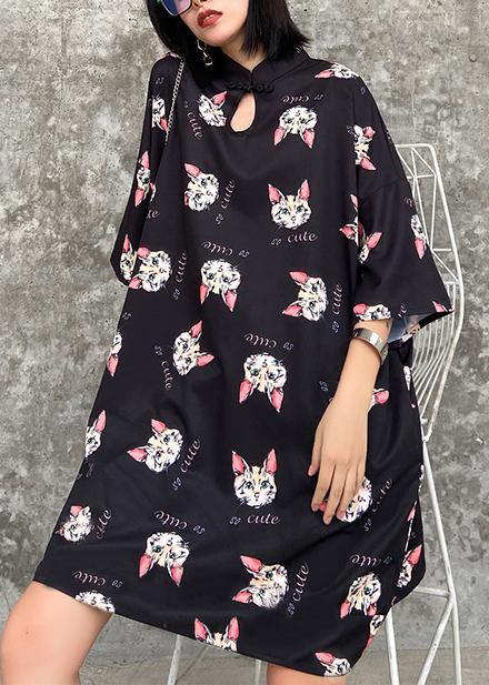 French Stand Collar Outfit Photography Black Kitten Pattern Dresses