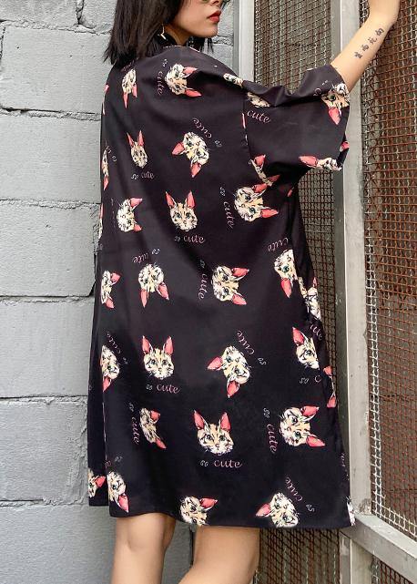 French Stand Collar Outfit Photography Black Kitten Pattern Dresses