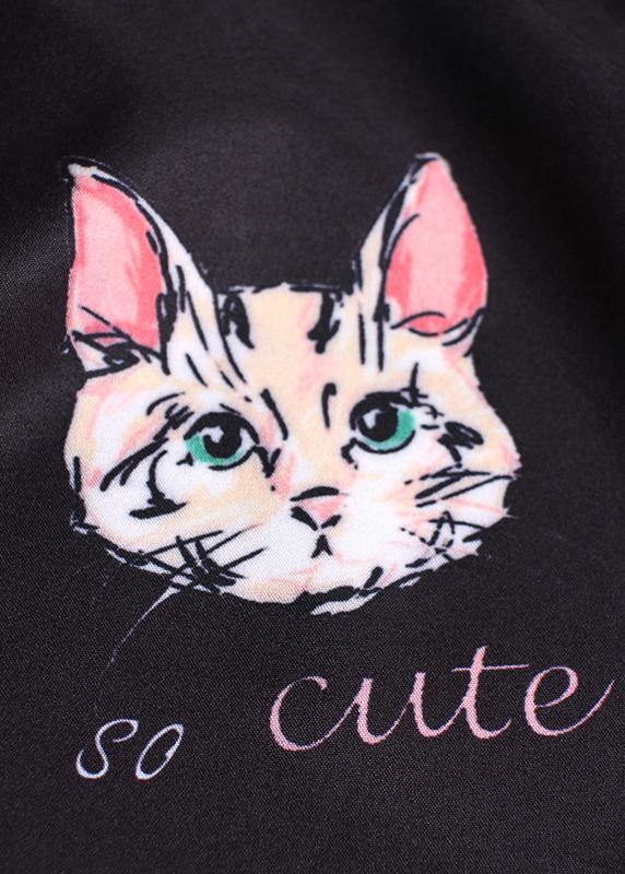 French Stand Collar Outfit Photography Black Kitten Pattern Dresses