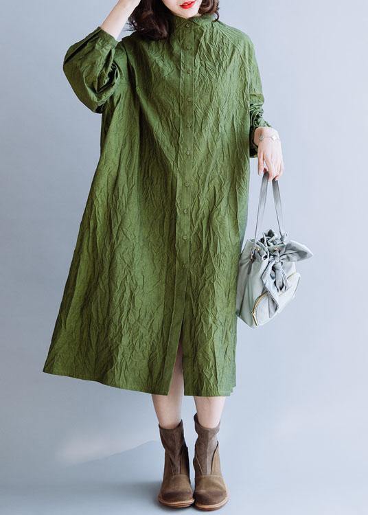 French Stand Collar Cinched Cotton Tunics for Outfits Green Dress Fall