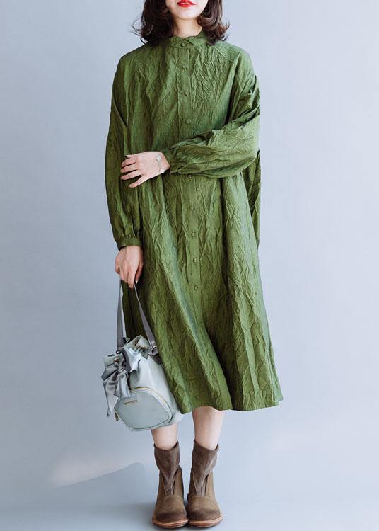 French Stand Collar Cinched Cotton Tunics for Outfits Green Dress Fall