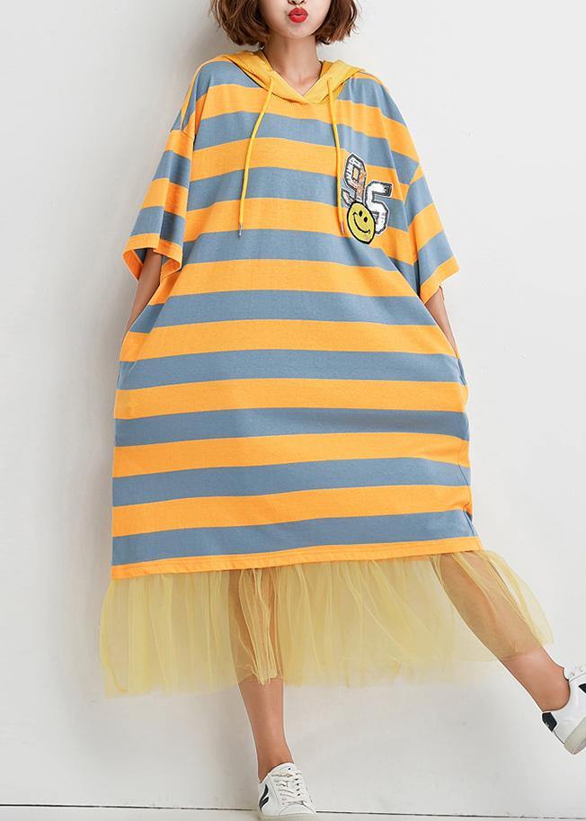 French Striped Cotton Outfit Patchwork Tulle Baggy Summer Dress