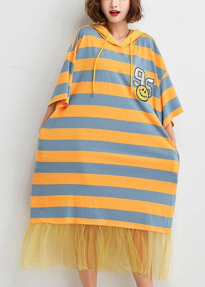 French Striped Cotton Outfit Patchwork Tulle Baggy Summer Dress