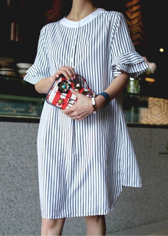 French Striped Cotton Quilting Dresses O Neck Ruffles Midi Dress