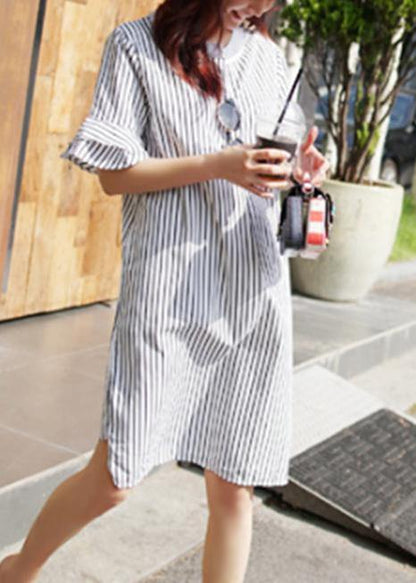 French Striped Cotton Quilting Dresses O Neck Ruffles Midi Dress