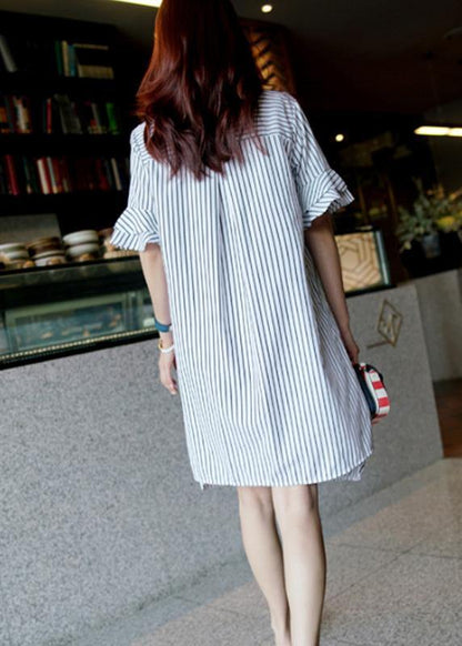 French Striped Cotton Quilting Dresses O Neck Ruffles Midi Dress