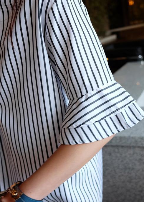 French Striped Cotton Quilting Dresses O Neck Ruffles Midi Dress