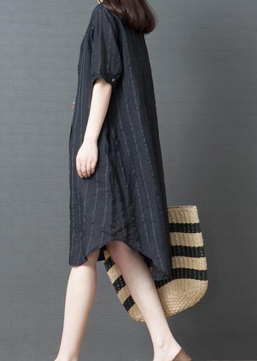 French Striped Cotton Linen Tunic Top Tutorials Dark Gray Geometry Dress Summer