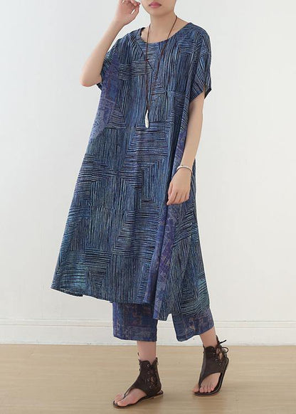 French Two Pieces Linen Clothes Shape Blue Asymmetric Striped Straight Pants Summer
