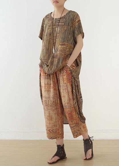 French Two Pieces Linen Clothes Shape Blue Asymmetric Striped Straight Pants Summer