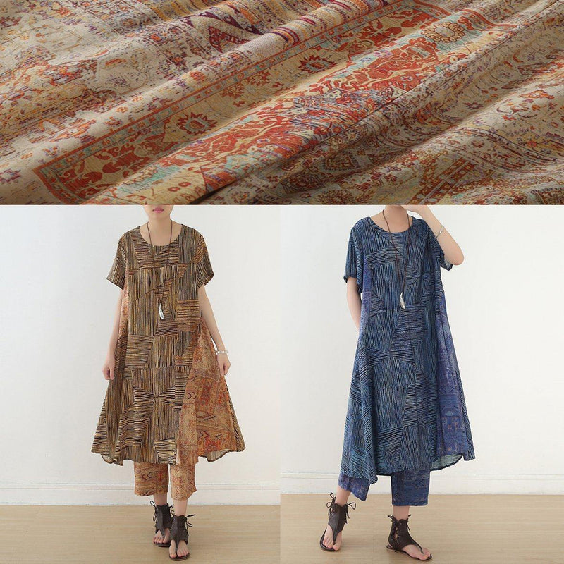 French Two Pieces Linen Clothes Shape Blue Asymmetric Striped Straight Pants Summer
