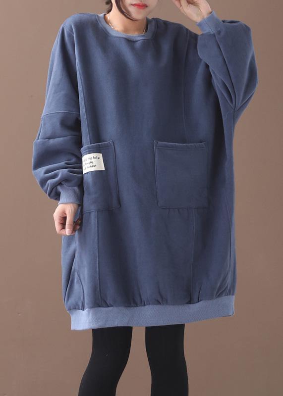 French Two Pockets Cotton O Neck Tunics for Sewing Blue Dress