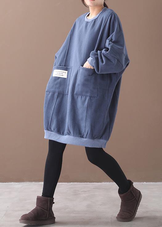 French Two Pockets Cotton O Neck Tunics for Sewing Blue Dress