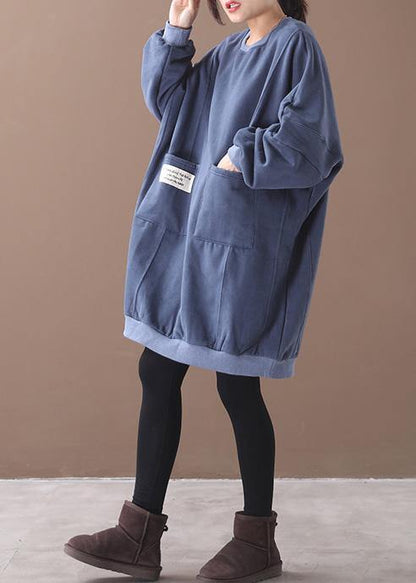 French Two Pockets Cotton O Neck Tunics for Sewing Blue Dress