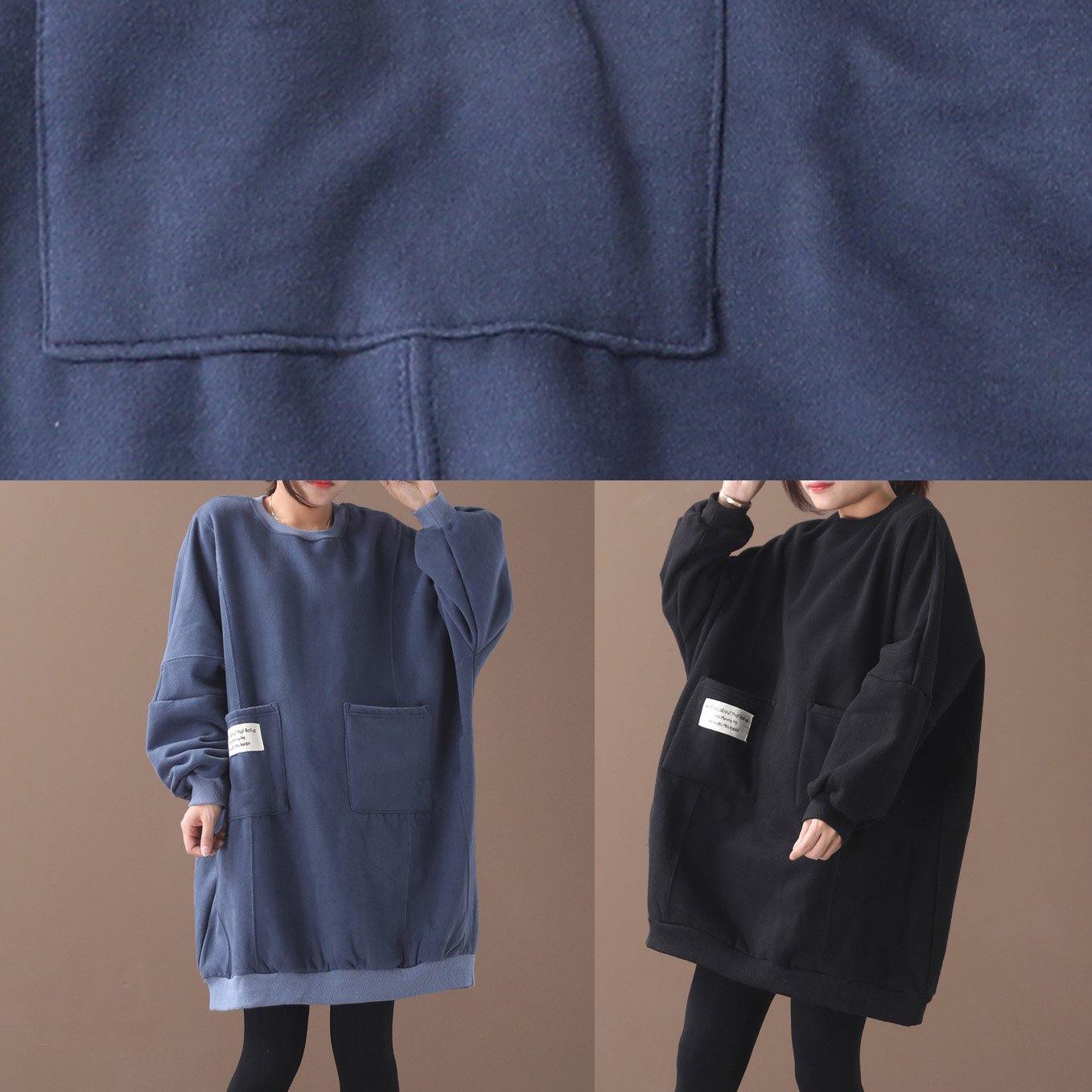 French Two Pockets Cotton O Neck Tunics for Sewing Blue Dress