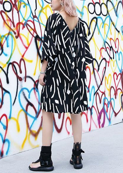 French V Neck Cotton Tunics Pattern Black Striped Dresses Summer