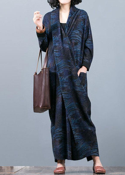 French V Neck Asymmetric Clothes Outfits Blue Print a Line Dress Fall