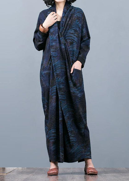 French V Neck Asymmetric Clothes Outfits Blue Print a Line Dress Fall