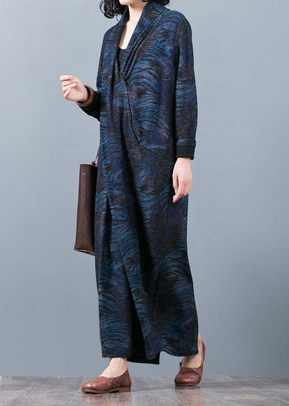 French V Neck Asymmetric Clothes Outfits Blue Print a Line Dress Fall