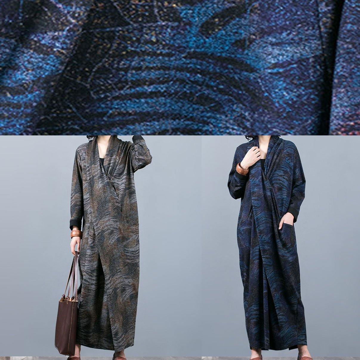 French V Neck Asymmetric Clothes Outfits Blue Print a Line Dress Fall
