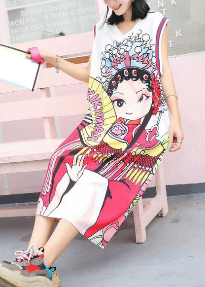 French V Neck Cotton Wardrobes Tunic Tops Red Prints Maxi Dresses