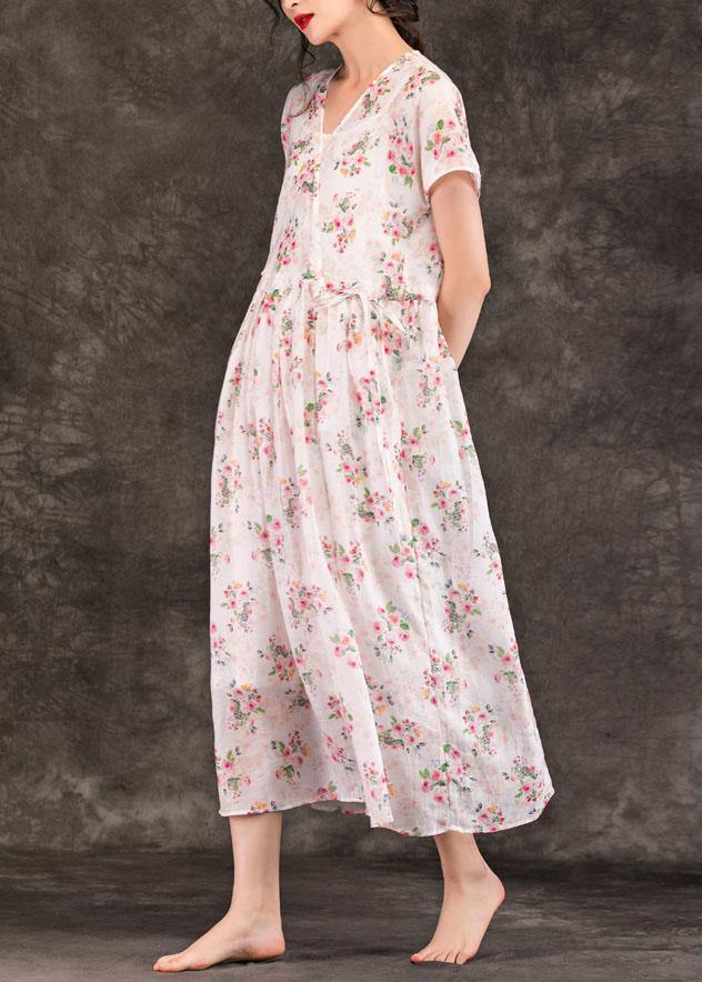 French V Neck Drawstring Linen Robes Tunic Tops Pink Print Dress Summer