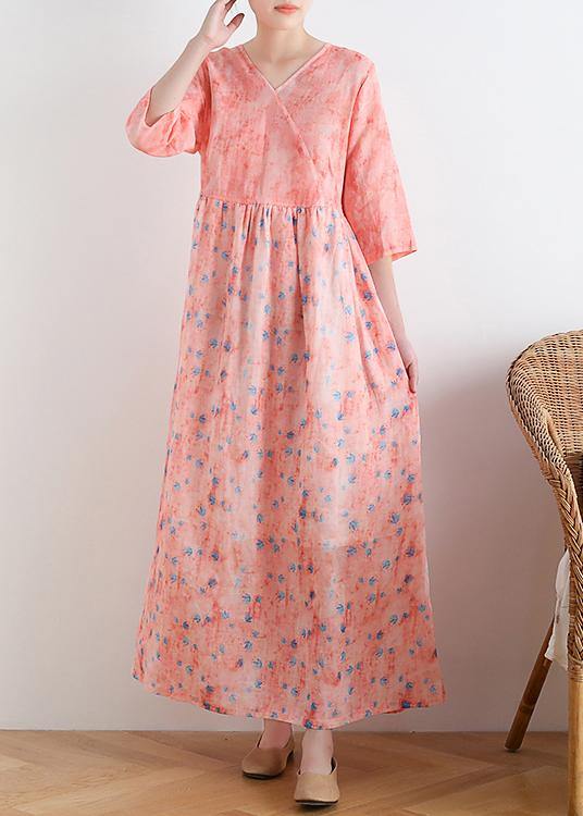 French V Neck Half Sleeve Linen Summer Clothes for Pink Dresses