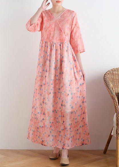 French V Neck Half Sleeve Linen Summer Clothes for Pink Dresses