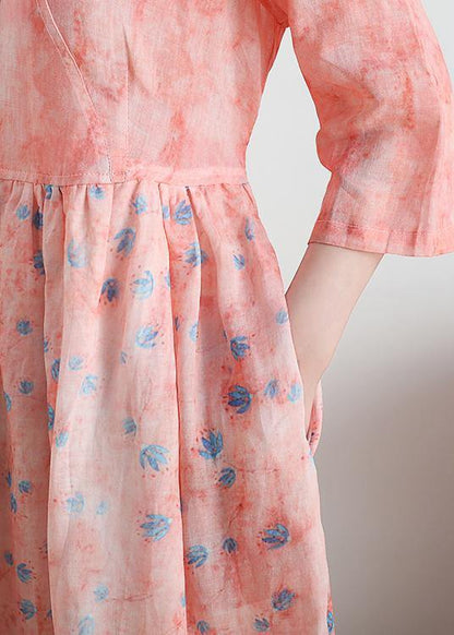 French V Neck Half Sleeve Linen Summer Clothes for Pink Dresses