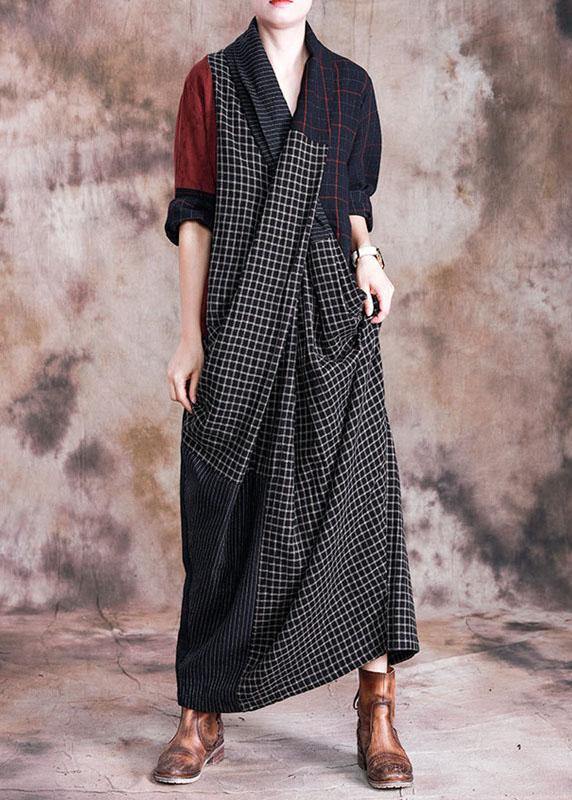 French V Neck Linen Long Shirts Pattern Plaid Patchwork Dress Fall