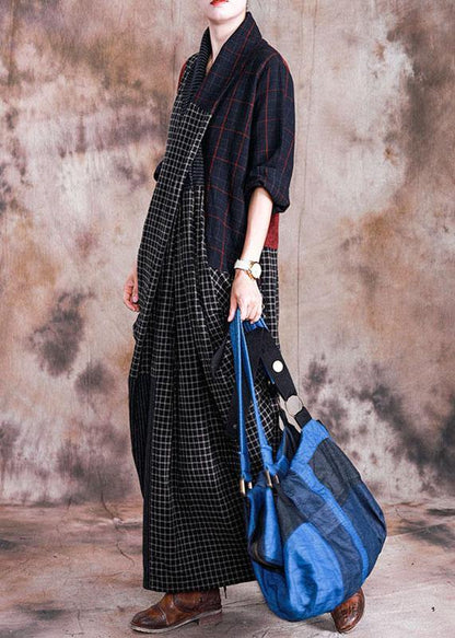 French V Neck Linen Long Shirts Pattern Plaid Patchwork Dress Fall