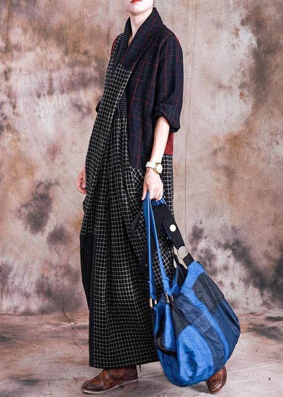 French V Neck Linen Long Shirts Pattern Plaid Patchwork Dress Fall