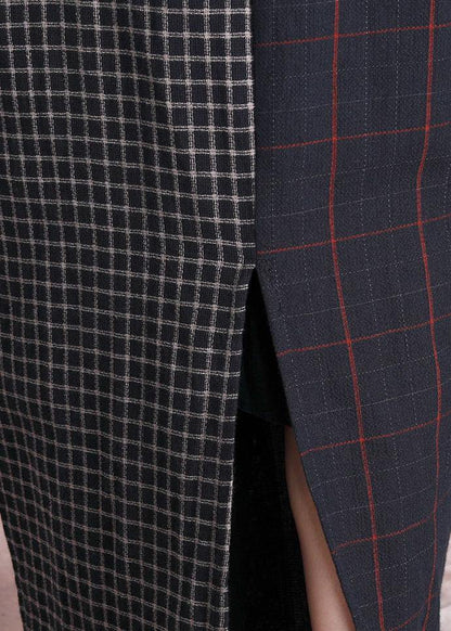 French V Neck Linen Long Shirts Pattern Plaid Patchwork Dress Fall