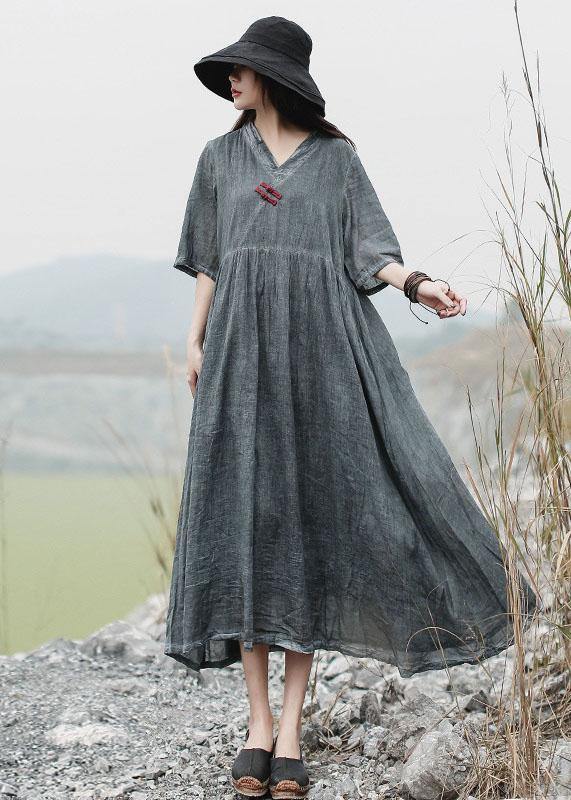 French V Neck Linen Clothes for Catwalk Gray Dress Summer