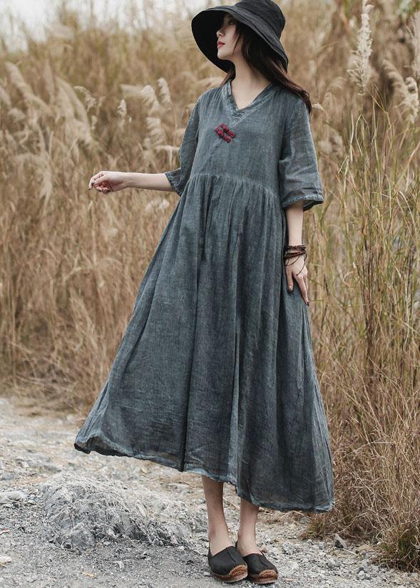 French V Neck Linen Clothes for Catwalk Gray Dress Summer